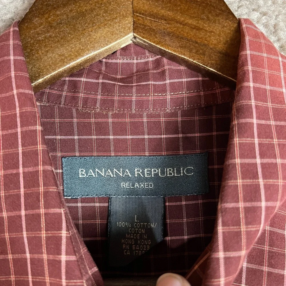 Banana Republic Button Down Shirt Men's Large Burgundy Plaid Long Sleeve Cotton‎